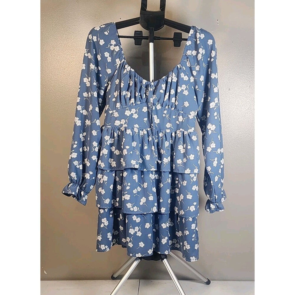 Inspired Heart Blue Floral Long Sleeve Mini Dress Tiered Ruffle Cottagecore XL